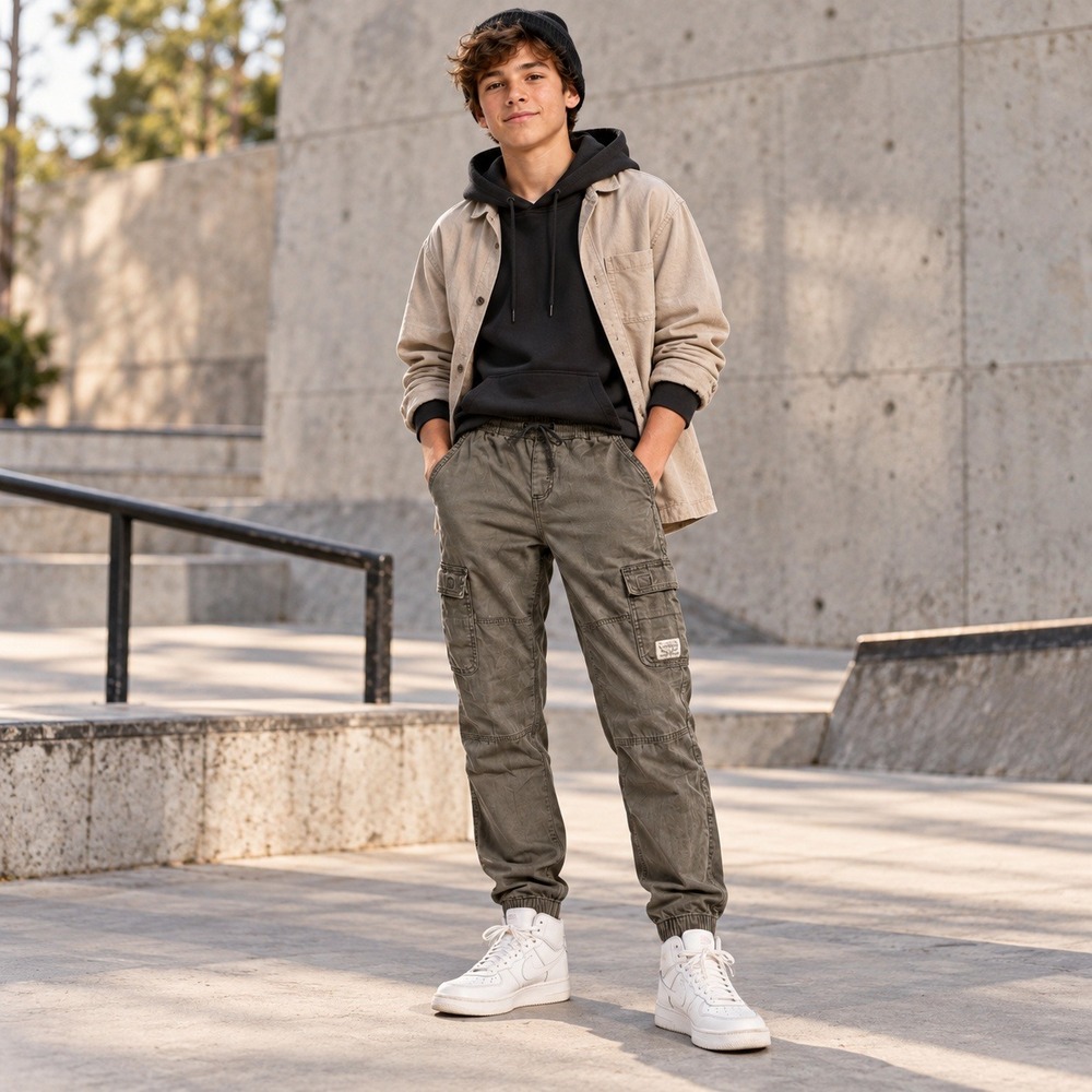 Levis Boys Cargo Joggers XL Olive Green Elastic Waist Drawstring Pants